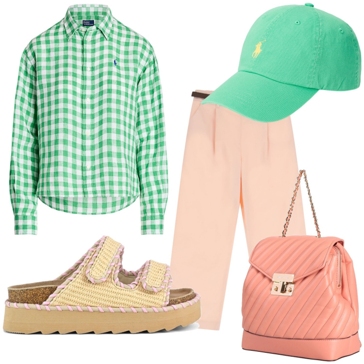 Outfit donna - Passeggiata con amici al parco. Stile Casual chic per Tutti i giorni. Abbinamento con zaini, pantaloni, cappelli, camicie, sandali.
