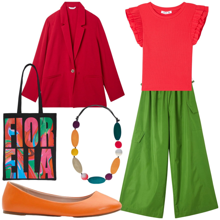 Outfit donna - Gioco di contrasti. Stile Casual chic per Tutti i giorni. Abbinamento con ballerine, blazer, pantaloni cargo, t-shirt, borse tote, collane.