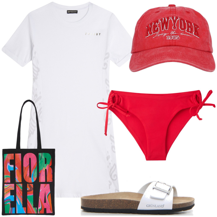 Outfit donna - Colore sul bianco. Stile Trendy per Mare. Abbinamento con cappelli, bikini, vestiti midi/longuette, borse tote, ciabatte.