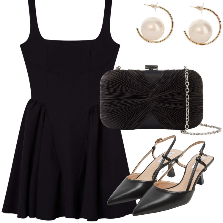 Outfit donna - Classica petite robe noire. Stile Chic per Serata fuori. Abbinamento con pochette, vestiti corti, sabot, orecchini.