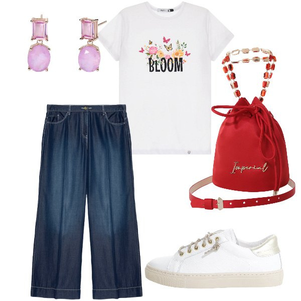 Outfit donna - Total look #2125991. Stile Basic per Tutti i giorni. Abbinamento con orecchini, t-shirt, borse a secchiello, sneakers, pantaloni.