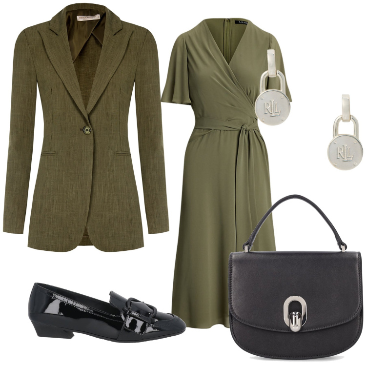 Outfit donna - Total look. Stile Bon Ton per Ufficio. Abbinamento con mocassini, blazer, orecchini, vestiti, borse a mano.