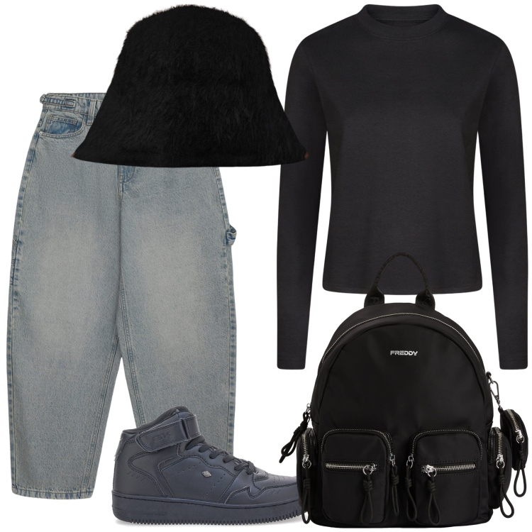 Outfit donna - Total look. Stile Casual chic per Tutti i giorni. Abbinamento con jeans, zaini, sneakers, t-shirt, cappelli.