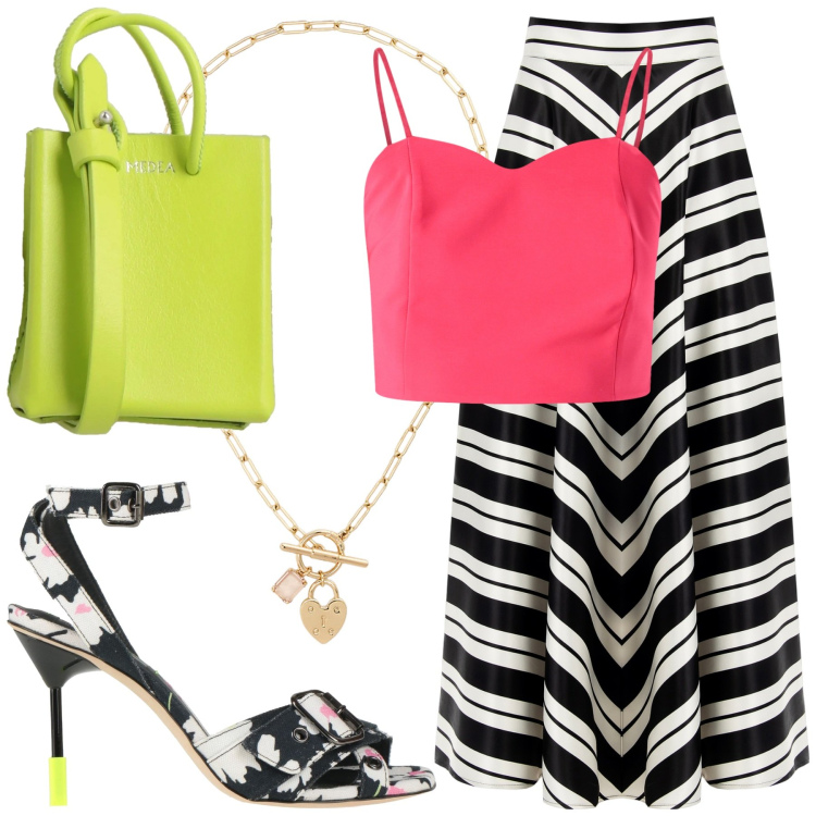 Outfit donna - Maxi gonna. Stile Casual chic per Serata fuori. Abbinamento con borse a spalla, sandali in pelle, gonne, top, collane.