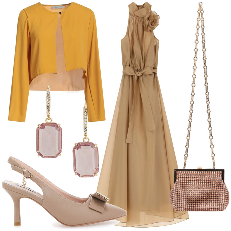 Outfit donna - Sabato al matrimonio. Stile Bon Ton per Cerimonia. Abbinamento con blazer, vestiti lunghi, orecchini, décolleté, clutch.
