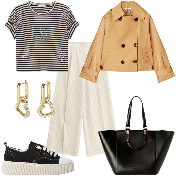 Outfit donna - Total look #2125997. Stile Casual chic per Tutti i giorni. Abbinamento con orecchini, pantaloni a palazzo, sneakers, t-shirt, trench, shopping bag.