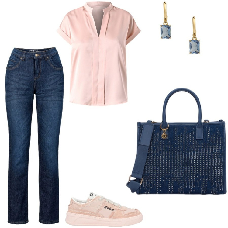 Outfit donna - A lavoro con un jeans. Stile Casual chic per Ufficio. Abbinamento con jeans dritti, sneakers, bluse, orecchini, borse a mano.