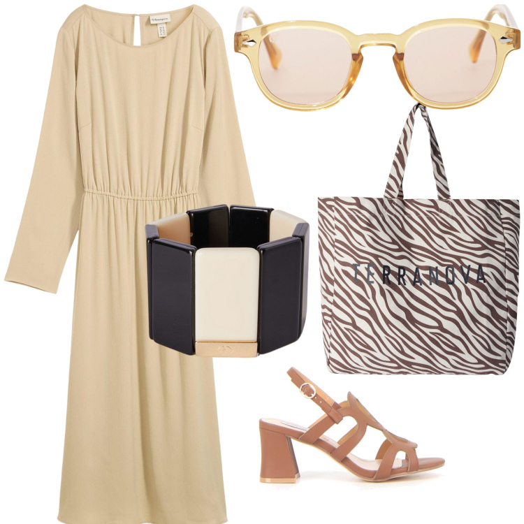 Outfit donna - City. Stile Urban per Tutti i giorni. Abbinamento con vestiti midi/longuette, borse tote, occhiali da sole, braccialetti, sandali col tacco.
