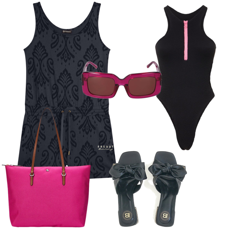 Outfit donna - Bordo piscina. Stile Glamour per Mare. Abbinamento con tuta corta, borse tote, ciabatte, occhiali da sole, costumi interi.