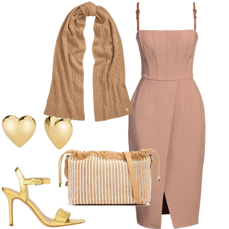 Outfit donna - Tubino sexy romantico. Stile Glamour per Serata fuori. Abbinamento con vestiti midi/longuette, orecchini, sciarpe, sandali in pelle, pochette.