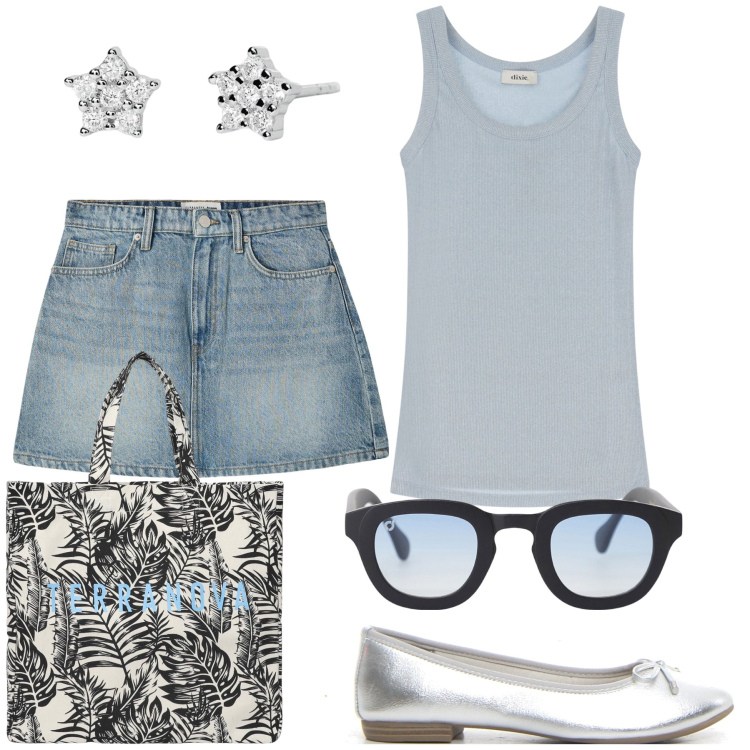 Outfit donna - Tenero girlish look. Stile Preppy per Tutti i giorni. Abbinamento con borse tote, minigonne, orecchini, occhiali da sole, canottiere, ballerine.