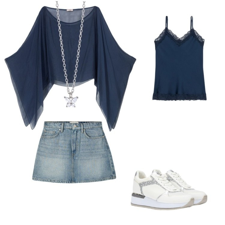 Outfit donna - Total look #2126023. Stile Sporty chic per Tutti i giorni. Abbinamento con minigonne, collane, bolero, sneakers, top.