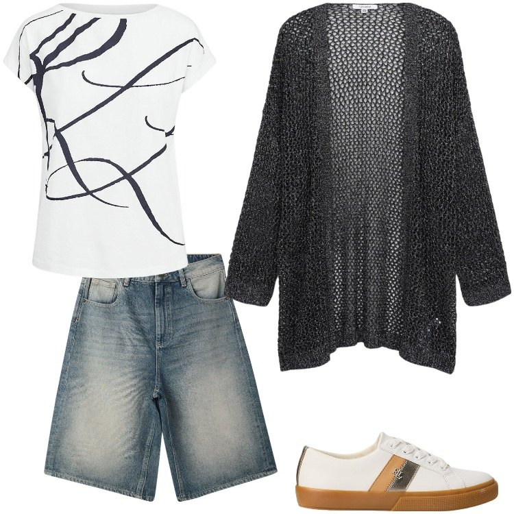 Outfit donna - Total look #2126025. Stile Boho per Tutti i giorni. Abbinamento con bermuda, kimono, maglieria, sneakers.