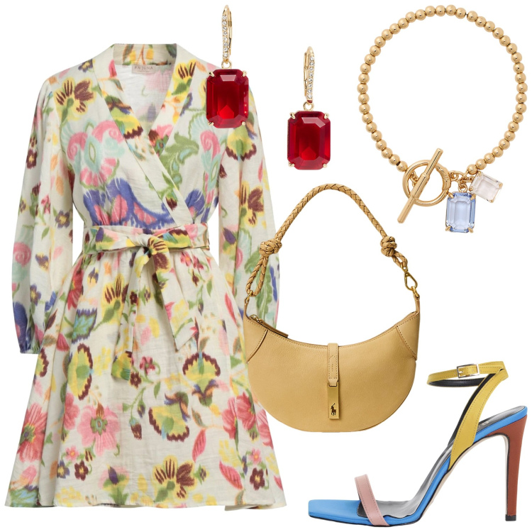 Outfit donna - Abitino a fiori. Stile Casual chic per Tutti i giorni. Abbinamento con vestiti corti, sandali col tacco, borse a spalla, braccialetti, orecchini.