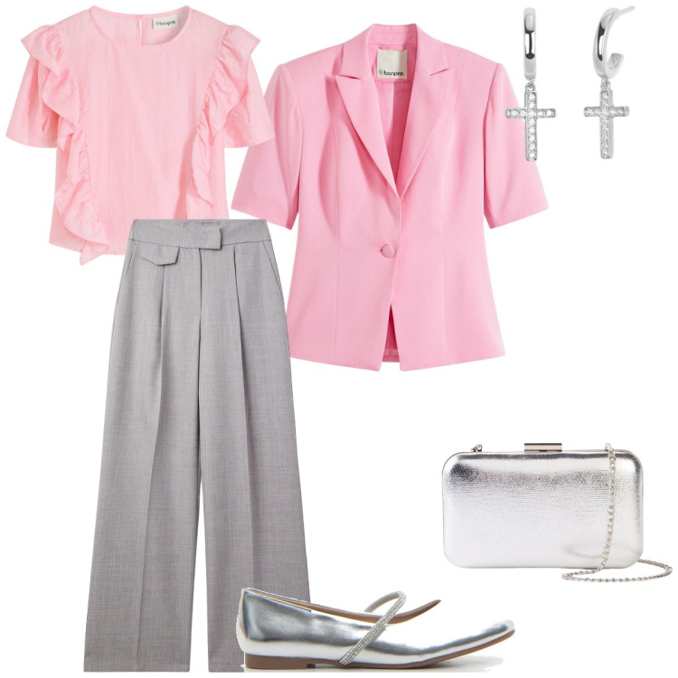 Outfit donna - Dettagli luminosi. Stile Casual chic per Cerimonia. Abbinamento con blazer, bluse, pochette, pantaloni, orecchini, ballerine.
