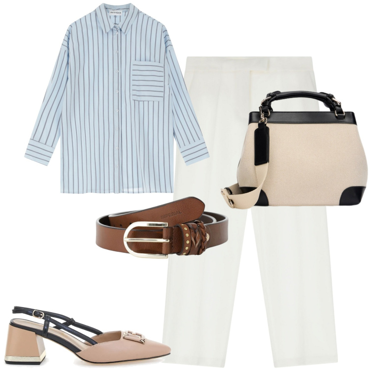 Outfit donna - City. Stile Urban per Tutti i giorni. Abbinamento con pantaloni, cinture, camicie, décolleté, borse a mano.