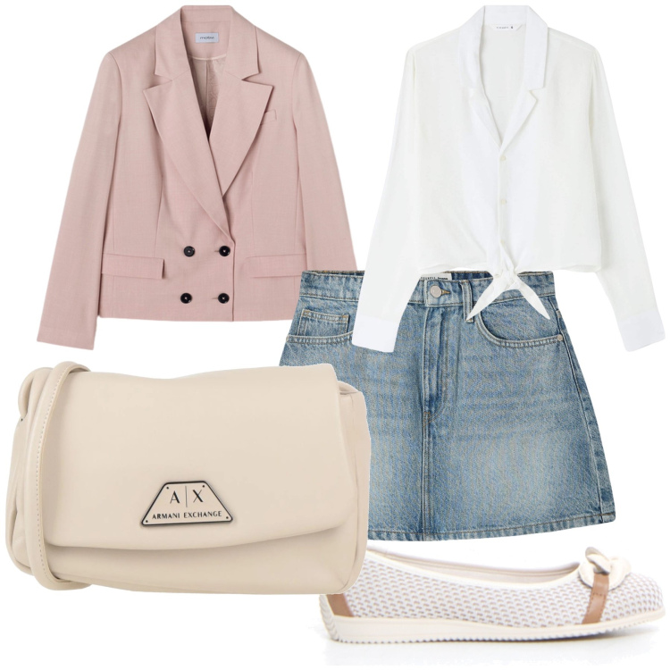 Outfit donna - Total look. Stile Bon Ton per Tutti i giorni. Abbinamento con borse a tracolla, camicie, minigonne, blazer, ballerine.