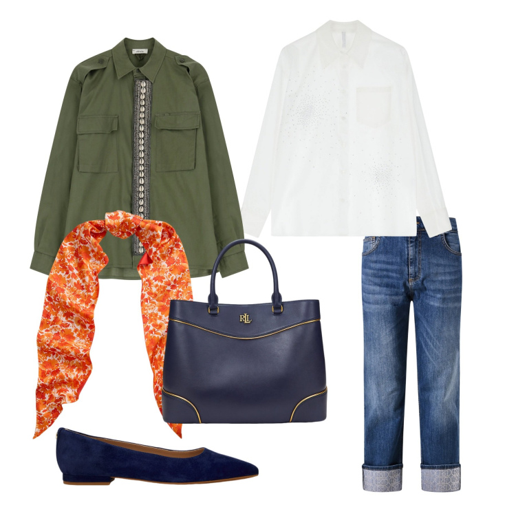 Outfit donna - City casual. Stile Casual chic per Tutti i giorni. Abbinamento con camicie, cappotti, jeans dritti, ballerine, sciarpe, borse a mano.