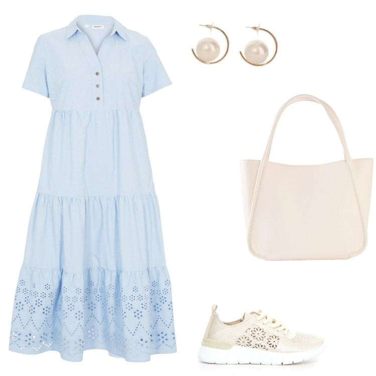 Outfit donna - Summer morning. Stile Romantica per Tutti i giorni. Abbinamento con vestiti, shopping bag, orecchini, sneakers.