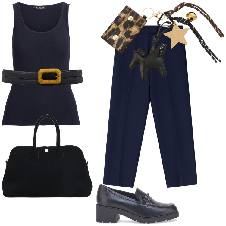 Outfit donna - Come lui ma con vitino da vespa. Stile Trendy per Tutti i giorni. Abbinamento con borse a secchiello, pantaloni, portachiavi, canottiere, mocassini, cinture.