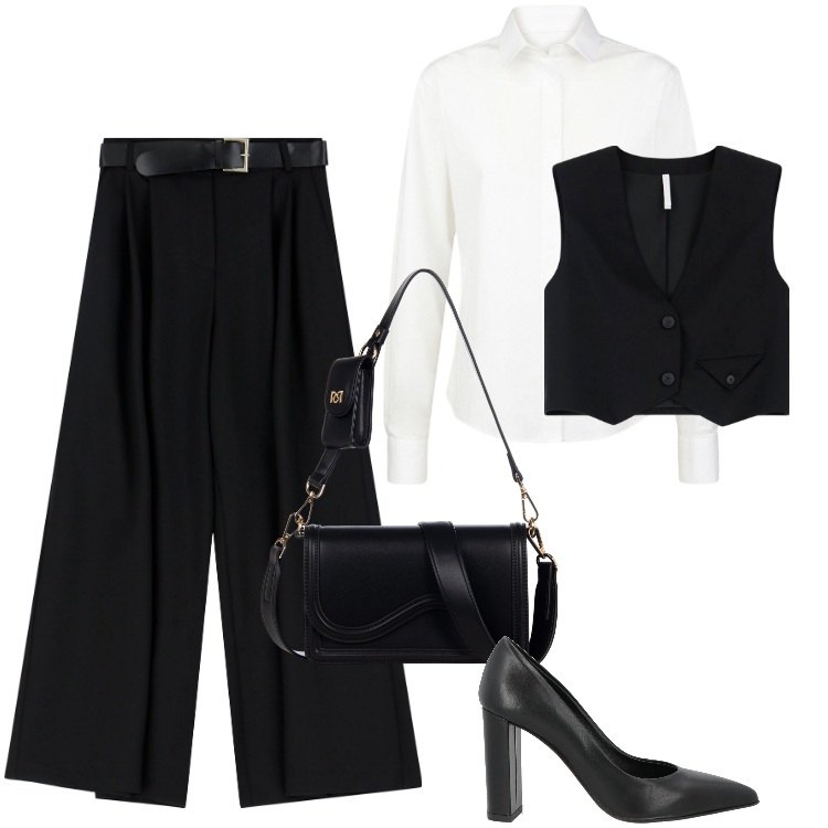 Outfit donna - Total look #2126062. Stile Casual per Ufficio. Abbinamento con décolleté, pantaloni a palazzo, gilet, pochette, camicie.