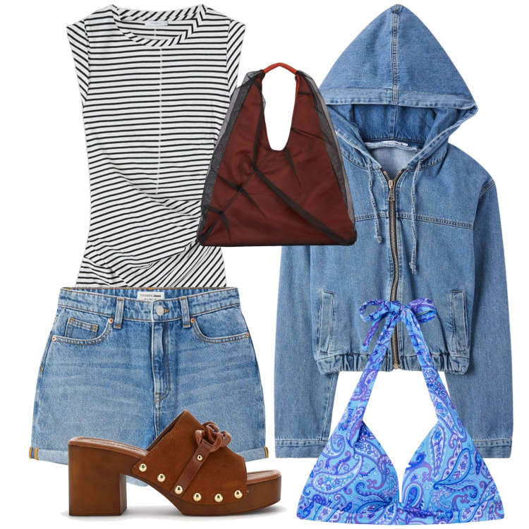 Outfit donna - Giubbino da mare. Stile Sporty chic per Mare. Abbinamento con shorts, bikini, blazer, zoccoli, top, shopping bag.