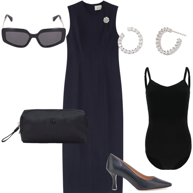 Outfit donna - Il trionfo della semplicità. Stile Chic per Serata fuori. Abbinamento con orecchini, body, vestiti midi/longuette, pochette, décolleté, occhiali da sole.