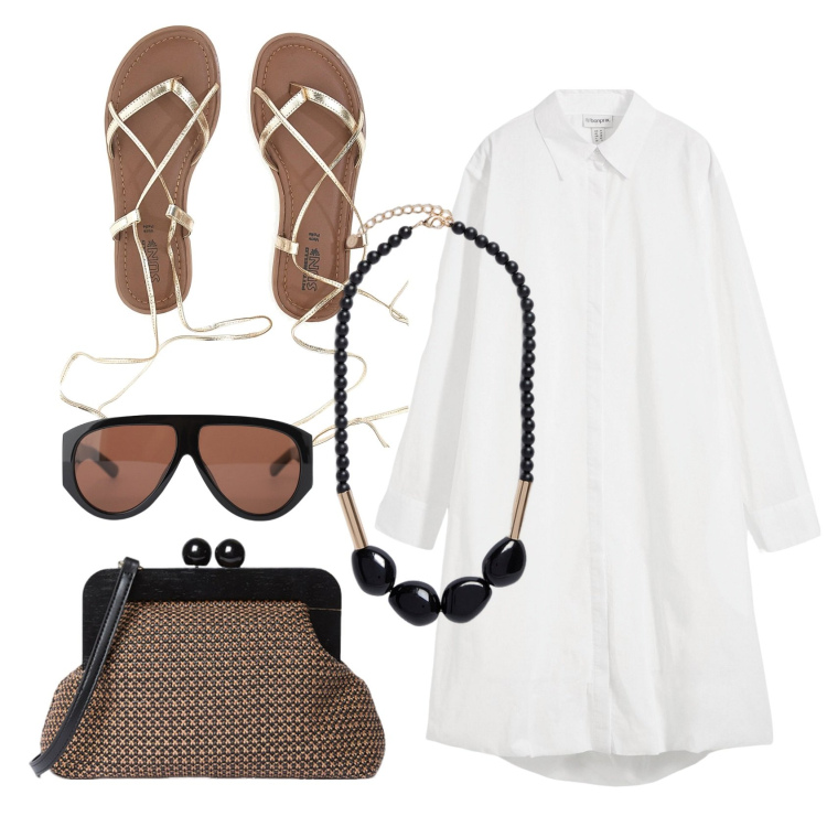 Outfit donna - Weekend mood. Stile Chic per Tutti i giorni. Abbinamento con vestiti chemisier, occhiali da sole, sandali alla schiava, collane, clutch.