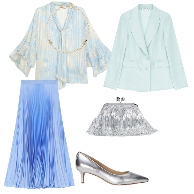 Outfit donna - Matrimonio dell\'amico. per Cerimonia. Abbinamento con blazer, gonne lunghe, décolleté, collane, bluse, pochette.