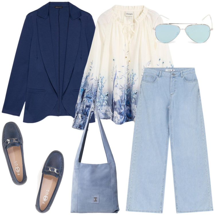 Outfit donna - Tempo libero. Stile Casual per Tutti i giorni. Abbinamento con bluse, jeans, borse a tracolla, blazer, mocassini, occhiali da sole.