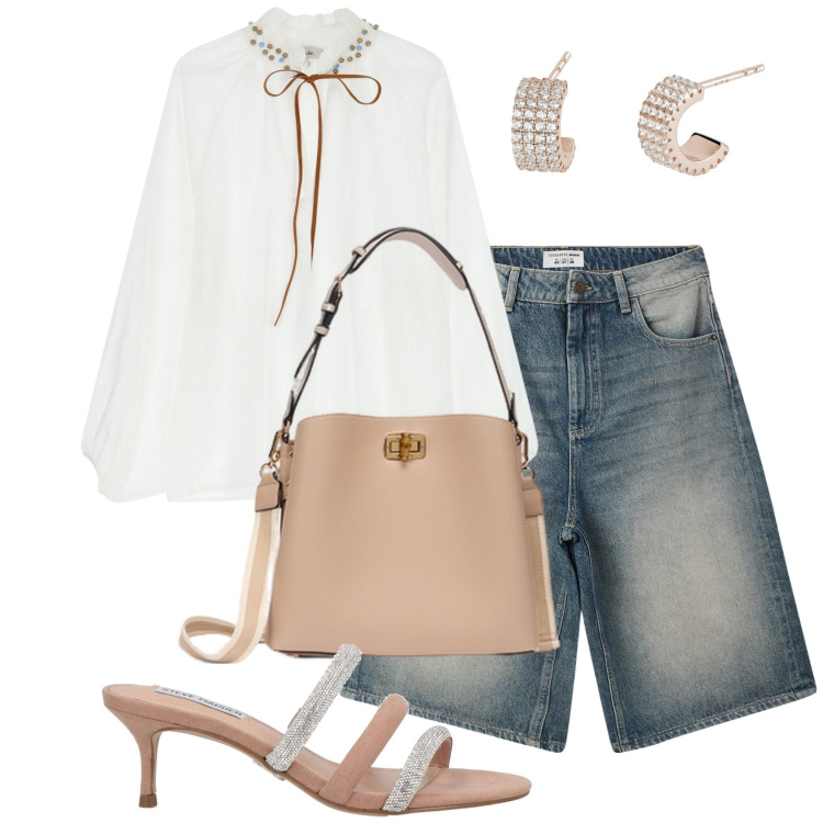 Outfit donna - Bermuda chic. Stile Glamour per Tutti i giorni. Abbinamento con sandali col tacco, bermuda, orecchini, bluse, borse a secchiello.