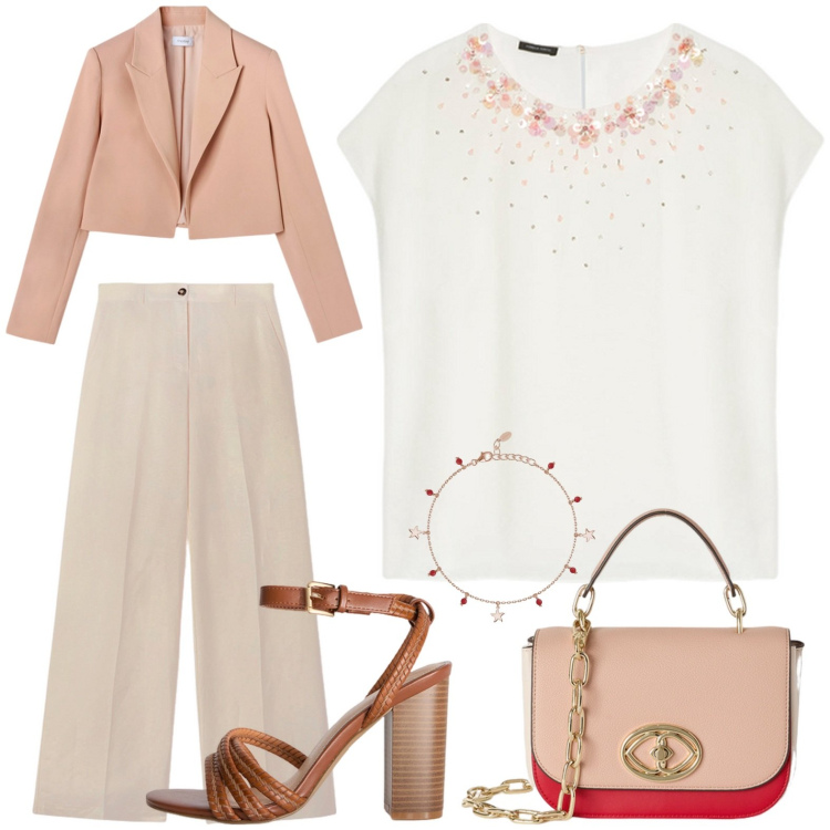 Outfit donna - Rosa + rosso = ♡. Stile Casual chic per Cerimonia. Abbinamento con braccialetti con ciondoli, bluse, bolero, pantaloni, borse a tracolla, sandali col tacco.