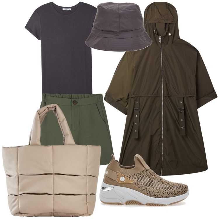 Outfit donna - Stagione di acquazzoni. Stile Casual per Tutti i giorni. Abbinamento con borse a mano, bermuda, trench, t-shirt, sneakers, berretti.