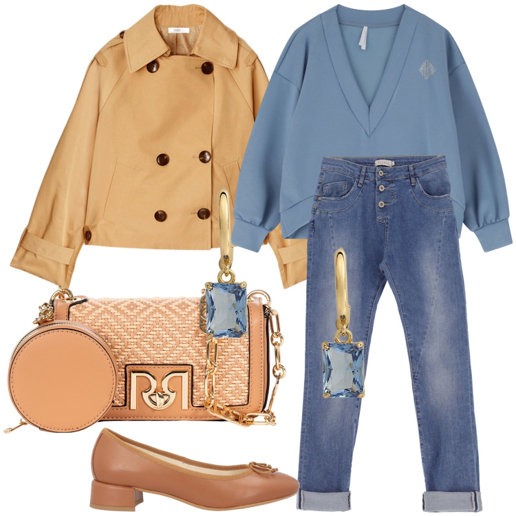 Outfit donna - Citta di primavera. Stile Casual chic per Tutti i giorni. Abbinamento con ballerine, borse a tracolla, maglieria, jeans slim fit, orecchini, trench.
