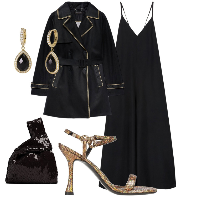 Outfit donna - Serata speciale. Stile Glamour per Serata fuori. Abbinamento con sandali in pelle, orecchini, trench, tute, pochette.