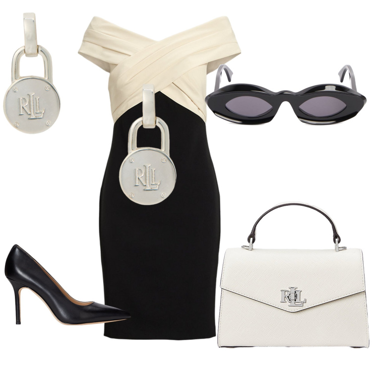 Outfit donna - Bon genre bon chic. Stile Glamour per Serata fuori. Abbinamento con orecchini, décolleté, borse a mano, vestiti a tubino, occhiali da sole.