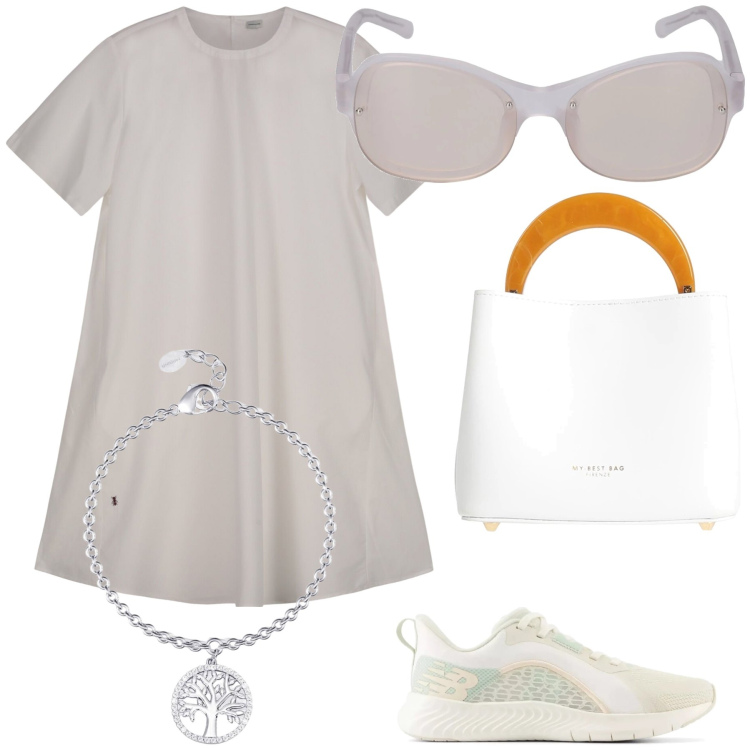 Outfit donna - L albero della vita. Stile Basic per Tutti i giorni. Abbinamento con borse a mano, braccialetti con ciondoli, sneakers, vestiti corti, occhiali da sole.
