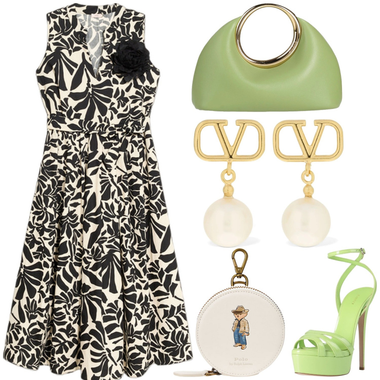 Outfit donna - Retrò. Stile Bon Ton per Tutti i giorni. Abbinamento con sandali in pelle, borse a mano, portamonete, vestiti midi/longuette, orecchini.