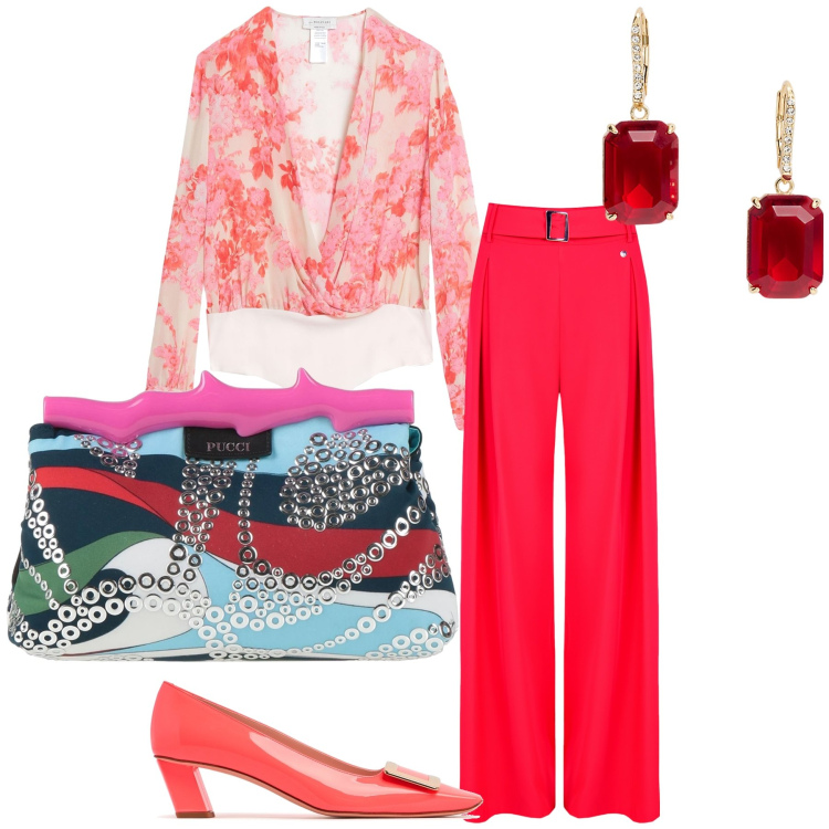 Outfit donna - Body camicia per il ristorante. Stile Urban per Serata fuori. Abbinamento con body, borse a mano, pantaloni, orecchini, décolleté.