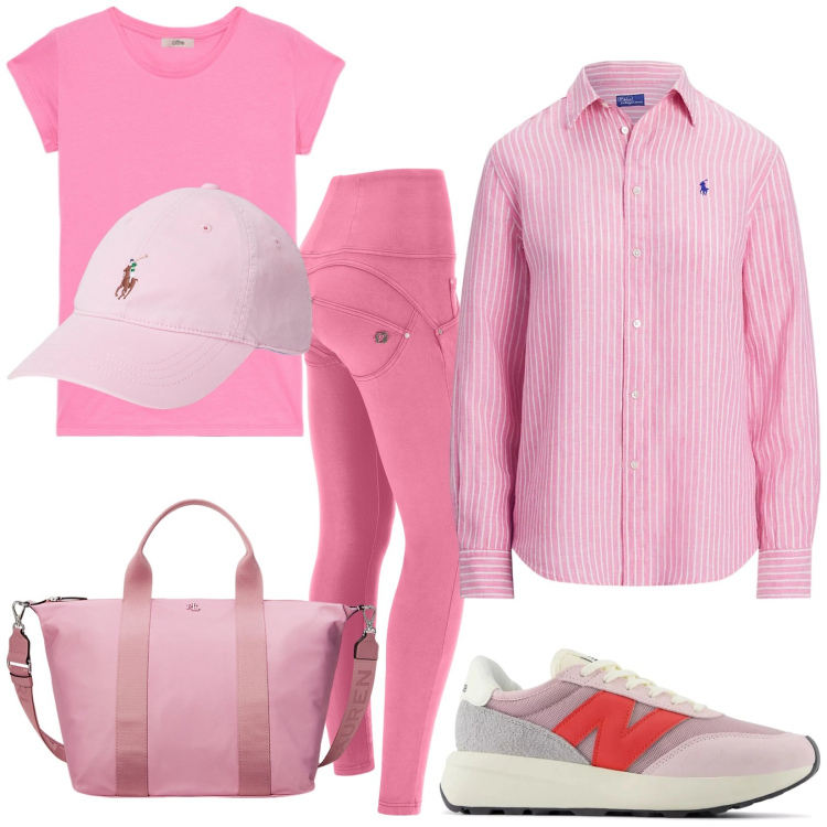 Outfit donna - Rosa trendy. Stile Trendy per Tutti i giorni. Abbinamento con sneakers, pantaloni skinny, cappelli, camicie, borse tote, t-shirt.