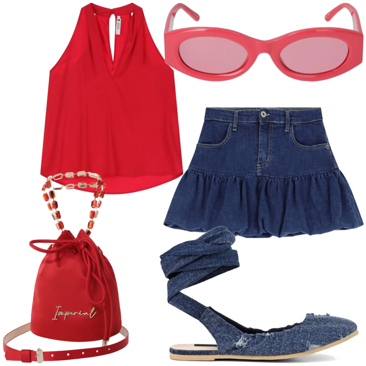 Outfit donna - Chic girl. Stile Preppy per Serata fuori. Abbinamento con minigonne, top, borse a secchiello, ballerine, occhiali da sole.