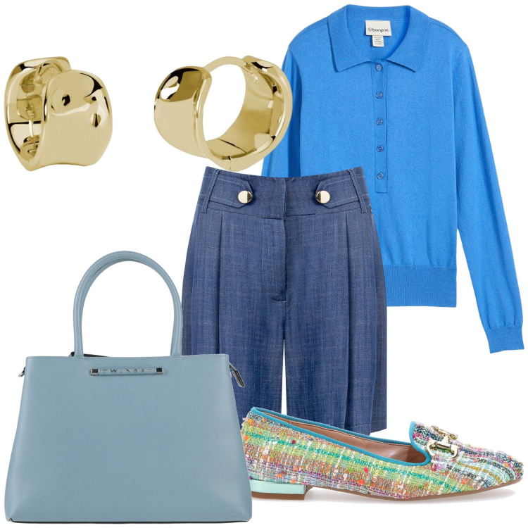 Outfit donna - Bermuda da ufficio. Stile Glamour per Ufficio. Abbinamento con polo, borse a mano, orecchini, bermuda, mocassini.