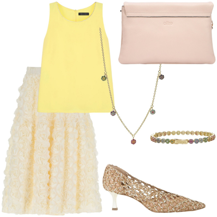 Outfit donna - Blooming. Stile Romantica per Tutti i giorni. Abbinamento con ciondoli, braccialetti, décolleté, gonne, top, borse a tracolla.