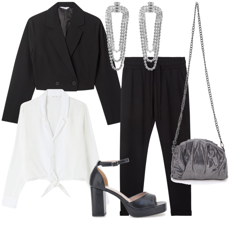 Outfit donna - Serata lei lui. Stile Mannish per Serata fuori. Abbinamento con pantaloni, camicie, blazer, orecchini, décolleté, pochette.