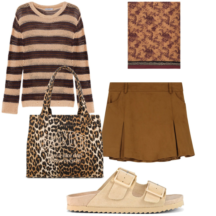 Outfit donna - Total look. Stile Trendy per Tutti i giorni. Abbinamento con minigonne, sandali, shopping bag, maglieria, foulard.