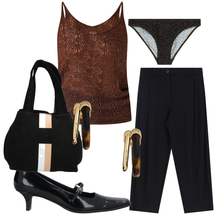 Outfit donna - Total look. Stile Chic per Serata fuori. Abbinamento con culotte, borse a mano, décolleté, top, pantaloni, orecchini.
