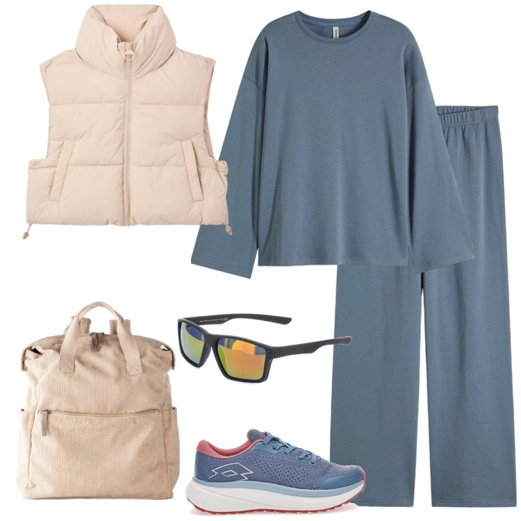 Outfit donna - Al parco. Stile Sporty chic per Tutti i giorni. Abbinamento con tute, zaini, piumini, sneakers, occhiali da sole.