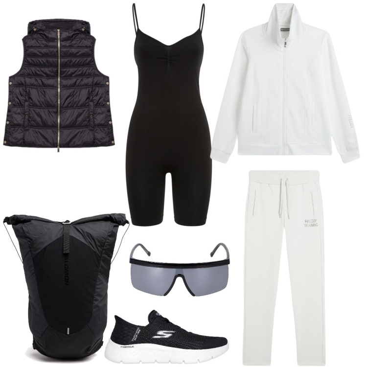 Outfit donna - Fitness. Stile Sporty chic per Sport. Abbinamento con tute, tuta corta, piumini, sneakers, zaini, occhiali da sole.