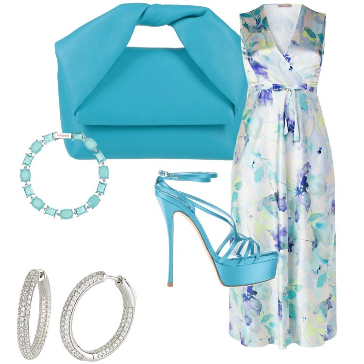 Outfit donna - 50 shades of light blue. Stile Glamour per Cerimonia. Abbinamento con borse a mano, sandali in pelle, orecchini, braccialetti, vestiti lunghi.