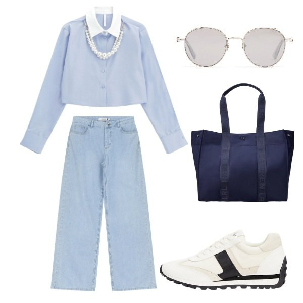 Outfit donna - lavoro con stile. Stile Sporty chic per Tutti i giorni. Abbinamento con jeans, camicie, sneakers, borse tote, occhiali da sole.